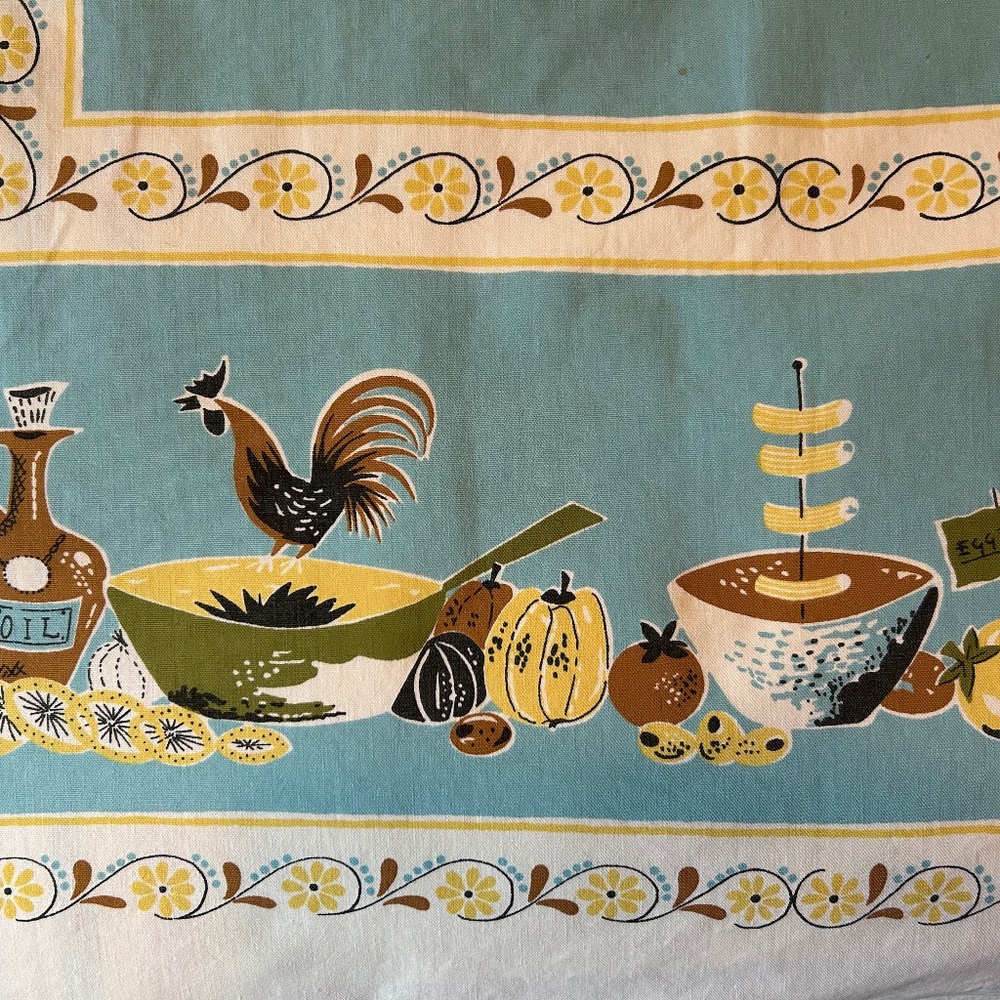 Turquoise, yellow, avocado green Vintage MCM cotton tablecloth.  50” x 46”